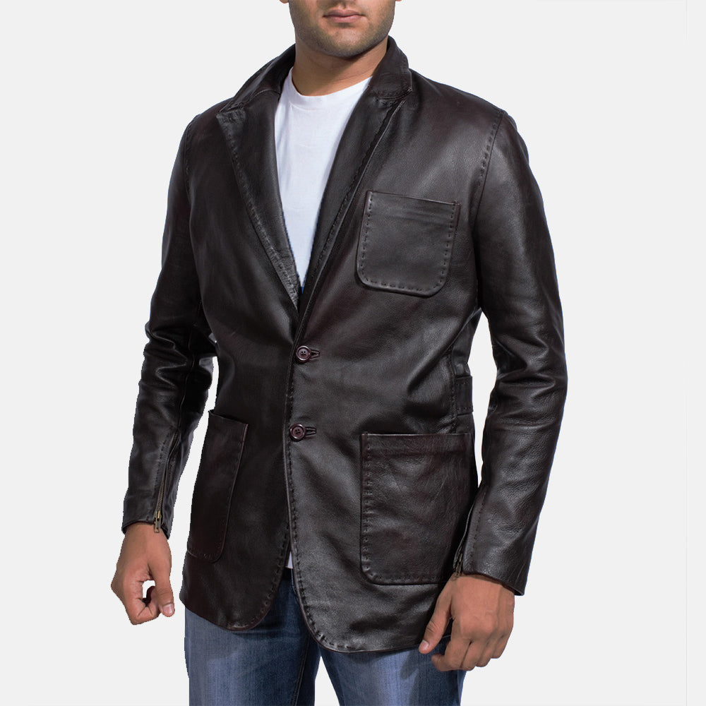 Men's Wine Noir Blazer en Cuir en Cuir pour Homme in Dark Brown Cow Hide Leather - Vue de face &amp; silhouette ajustée | Acheter en ligne