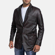 Men's Wine Noir Blazer en Cuir en Cuir pour Homme in Dark Brown Cow Hide Leather - Vue de face &amp; silhouette ajustée | Acheter en ligne