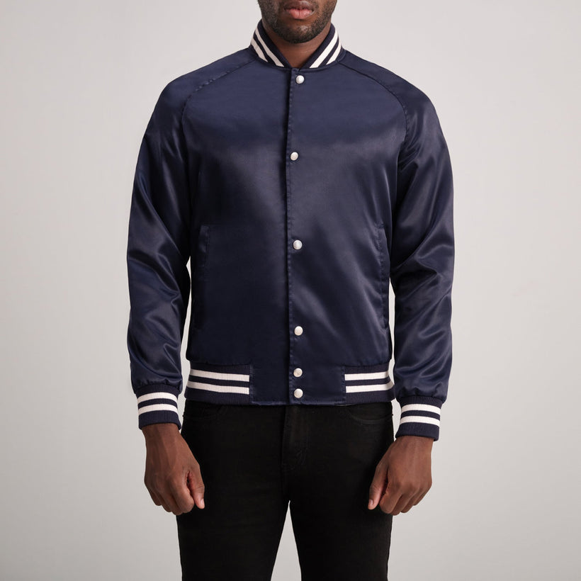Xander Blue Varsity Jacket in Blue Satin - Front Profile View & Tailored Silhouette | Buy Online