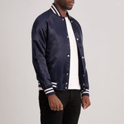 Blue Satin Varsity Jacket - Vue de dos avec coupe ajustée aux épaules &amp; ourlet soigné
