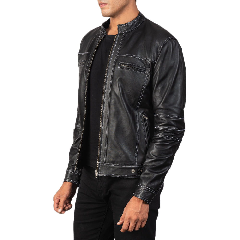 Black Goatskin Snuffed Biker Jacket - Vue de dos avec coupe ajustée aux épaules &amp; ourlet soigné