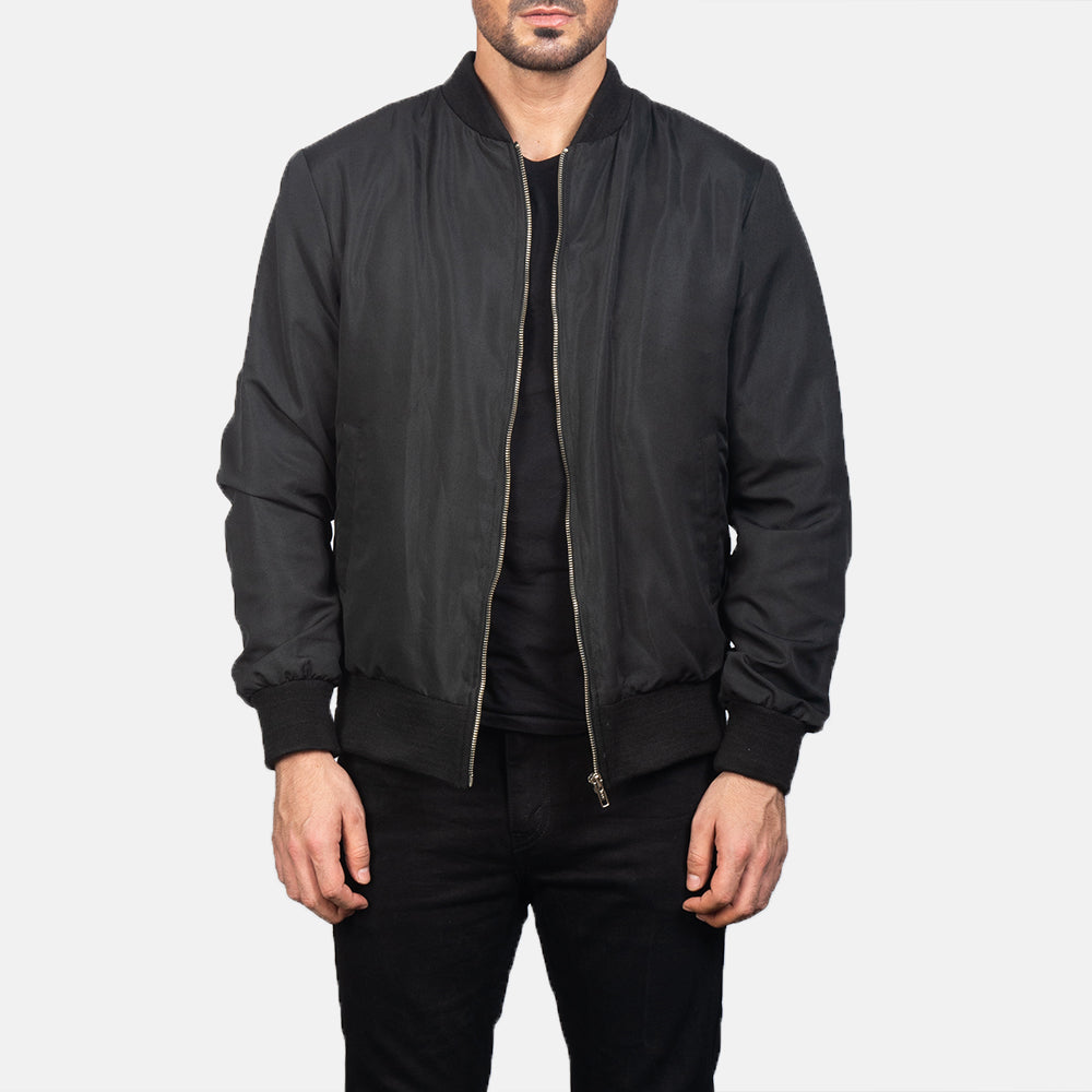 Men's Zack Noir Blouson Bomber en Cuir pour Homme in Black Polyester - Vue de face &amp; silhouette ajustée | Acheter en ligne