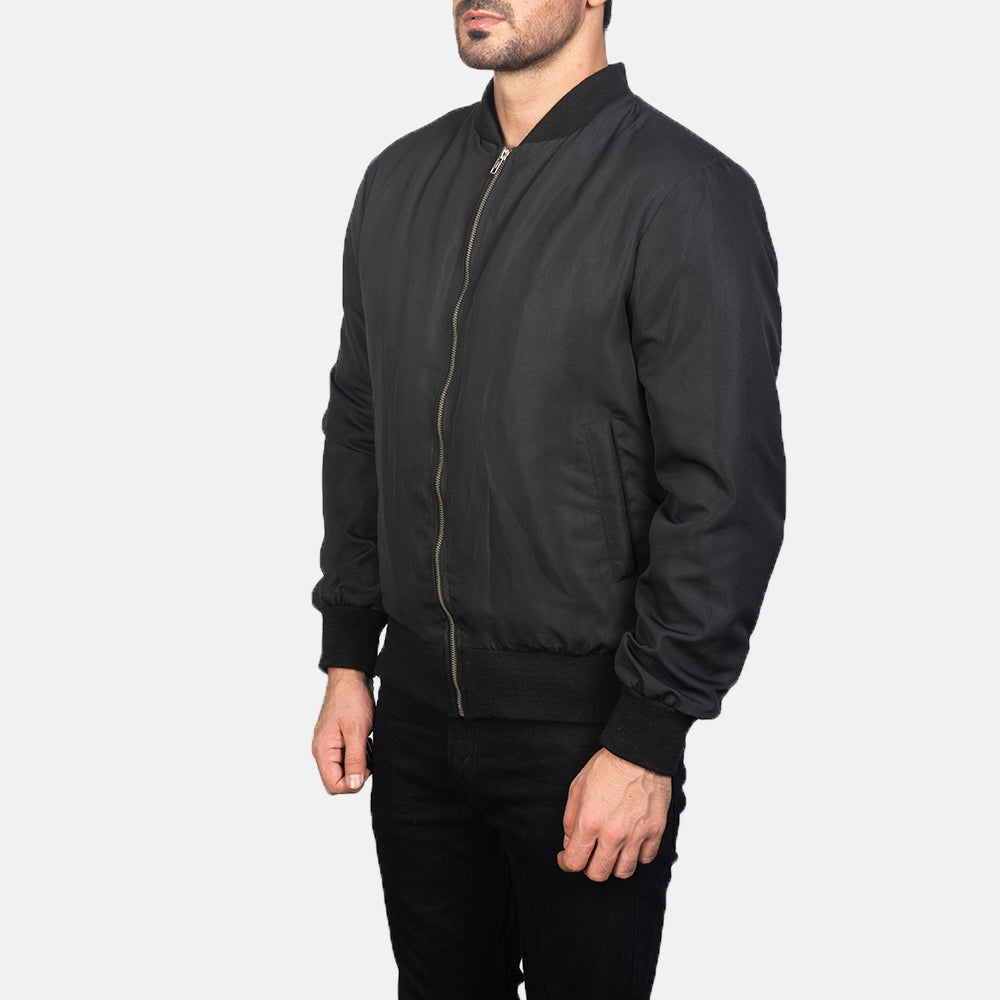 Black Polyester Bomber Jacket - Vue de dos avec coupe ajustée aux épaules &amp; ourlet soigné