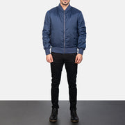 Men's Zack Bleu Blouson Bomber en Cuir pour Homme - Vue de profil avec coupe de manche ergonomique