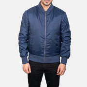 Vue détaillée of Varsity &amp; Zipper Hardware on Men's Zack Bleu Blouson Bomber en Cuir pour Homme