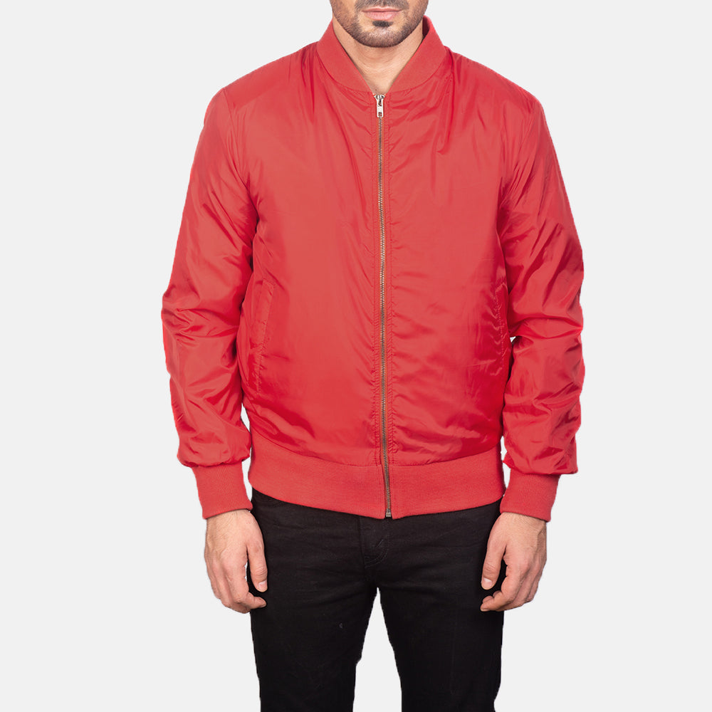 Vue détaillée of Varsity &amp; Zipper Hardware on Men's Zack Rouge Blouson Bomber en Cuir pour Homme