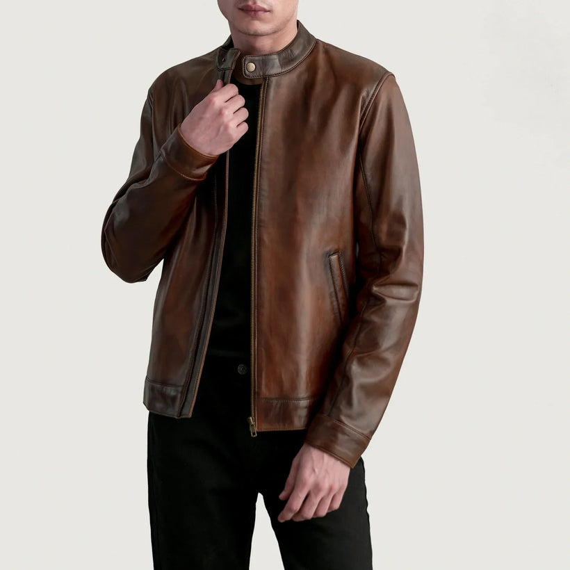 Zen Patine Usée Marron Veste Motard en Cuir pour Homme