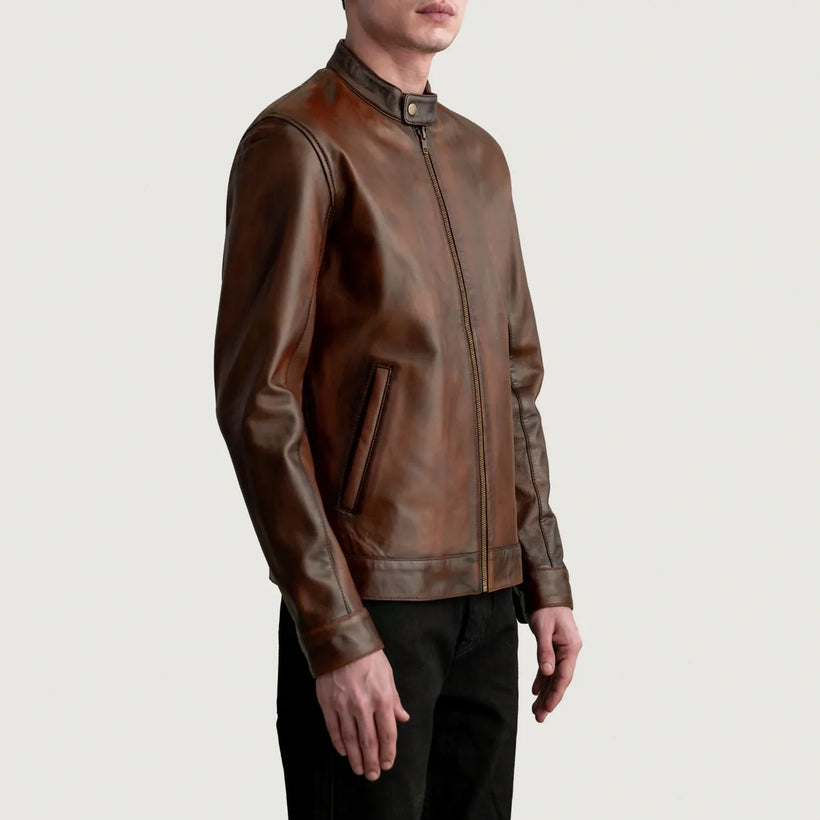 Zen Patine Usée Marron Veste Motard en Cuir pour Homme