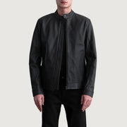 Zen Matte Noir Veste Motard en Cuir pour Homme in Matte Black Cowhide Leather - Vue de face &amp; silhouette ajustée | Acheter en ligne