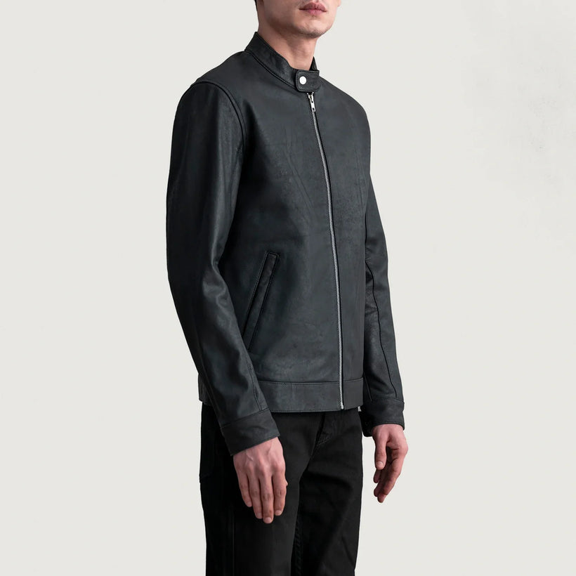Zen Tumbled Noir Veste Motard en Cuir pour Homme
