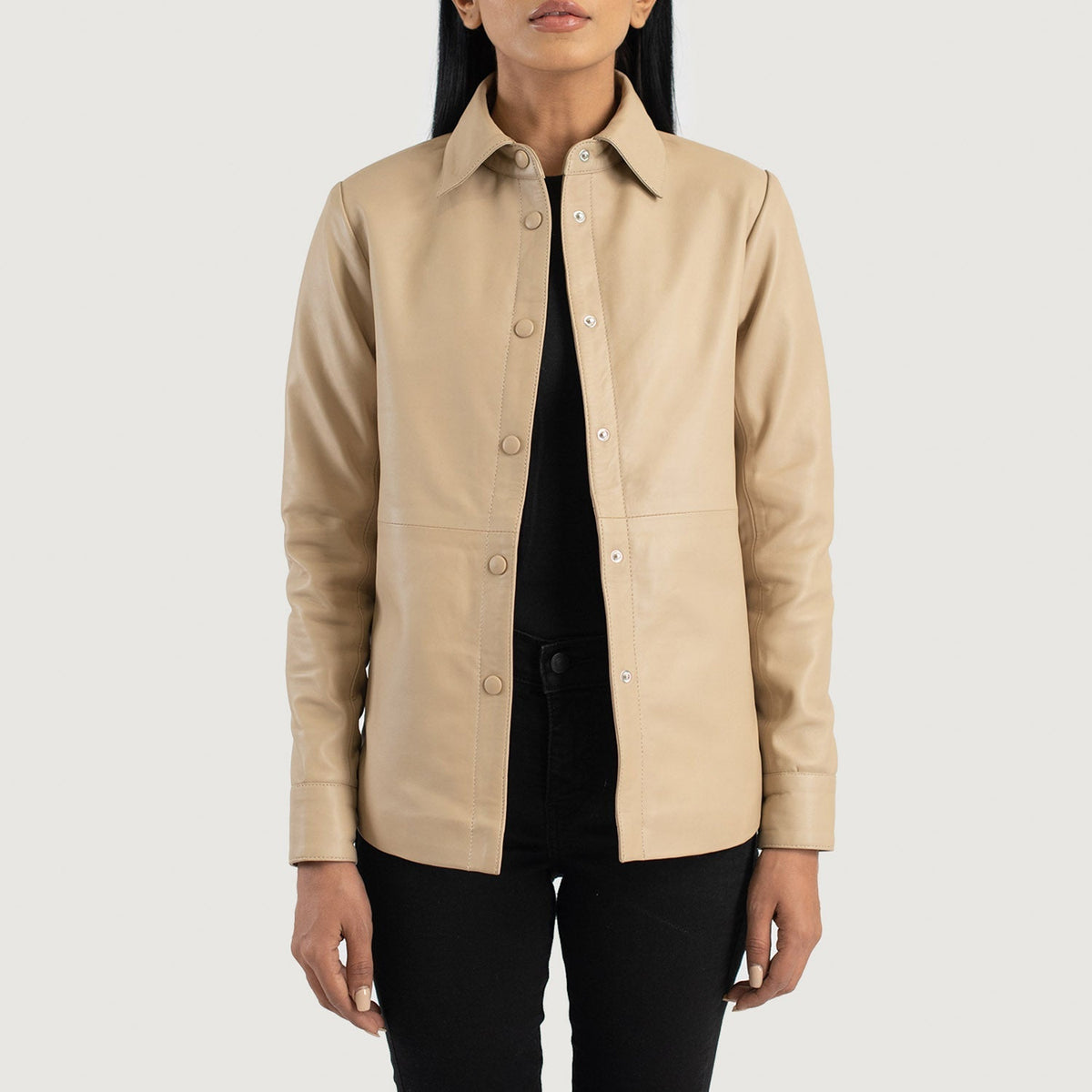 Women's Zenith Beige Leather Shirt Jacket in Beige Sheepskin Leather - Vue de face &amp; silhouette ajustée | Acheter en ligne