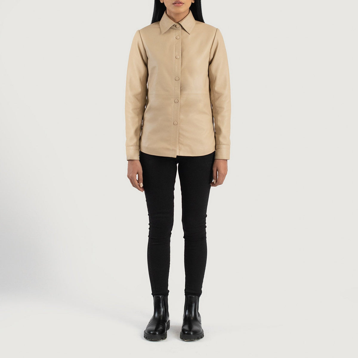 Women's Zenith Beige Leather Shirt Jacket - Vue de profil avec coupe de manche ergonomique