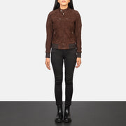 
Zenna Mocha Suede Bomber Jacket - Vue de profil mettant en valeur la coupe de manche ergonomique